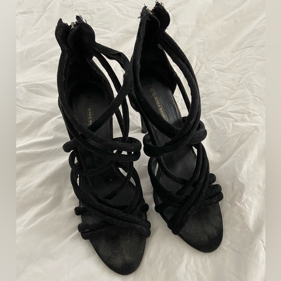 Black Suede Strappy Stiletto Pumps High Heel Sandals - Picture 2 of 3